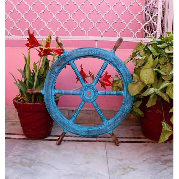 Wooden Ship Wheel - Gola Pendi - (Antique Ocean Blue) - Maroon Torched Spokes - 42 Inches