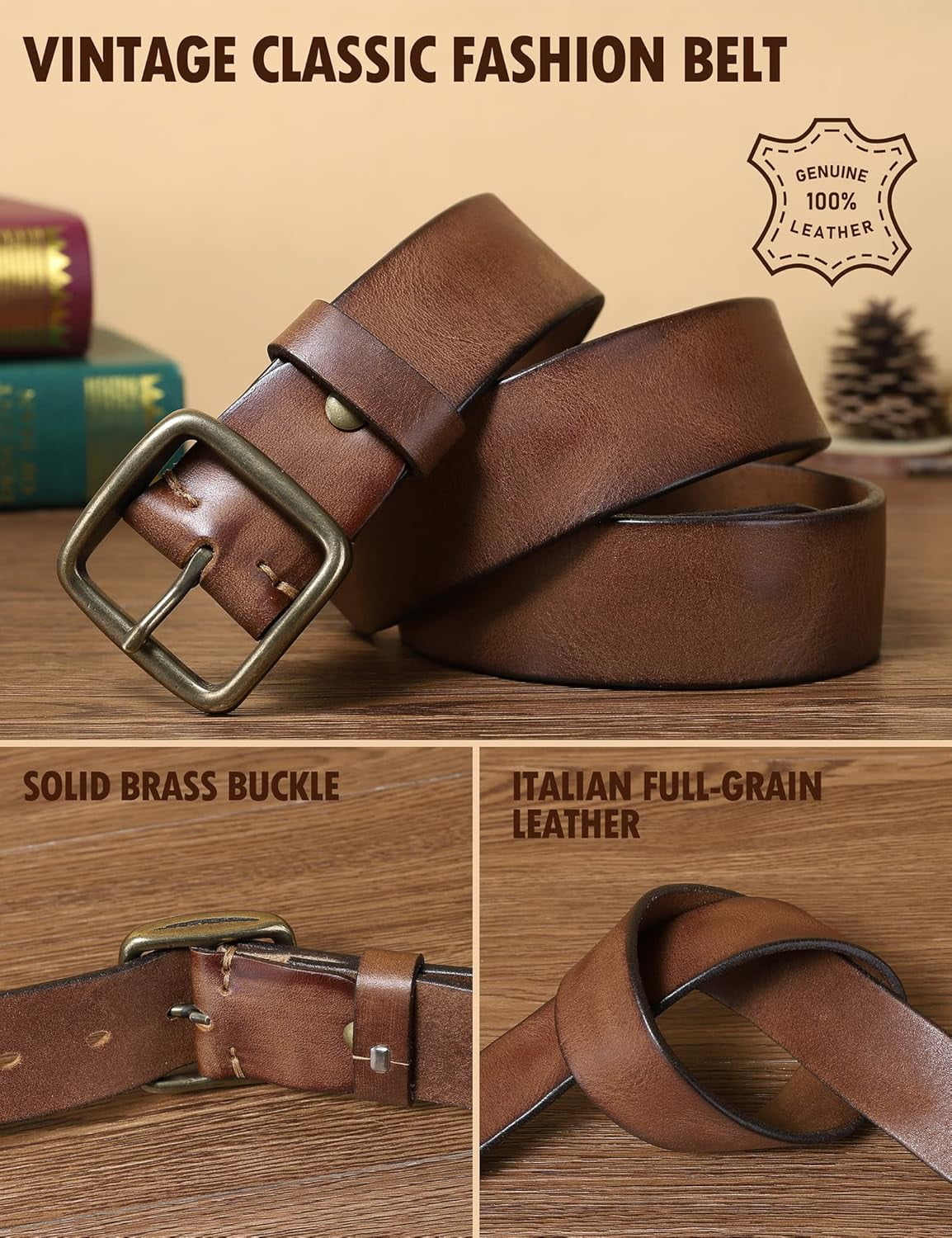 Thick Full Grain Leather Men's Work Belt - Heavy Duty, 5mm Thick, Solid Brass Buckle, Brown, Size 36 (Fits Pants 34)