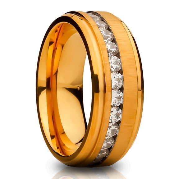8mm Yellow Gold Tungsten Ring,Titanium Wedding Ring,Anniversary Ring,Engagement Ring,CZ Wedding Ring
