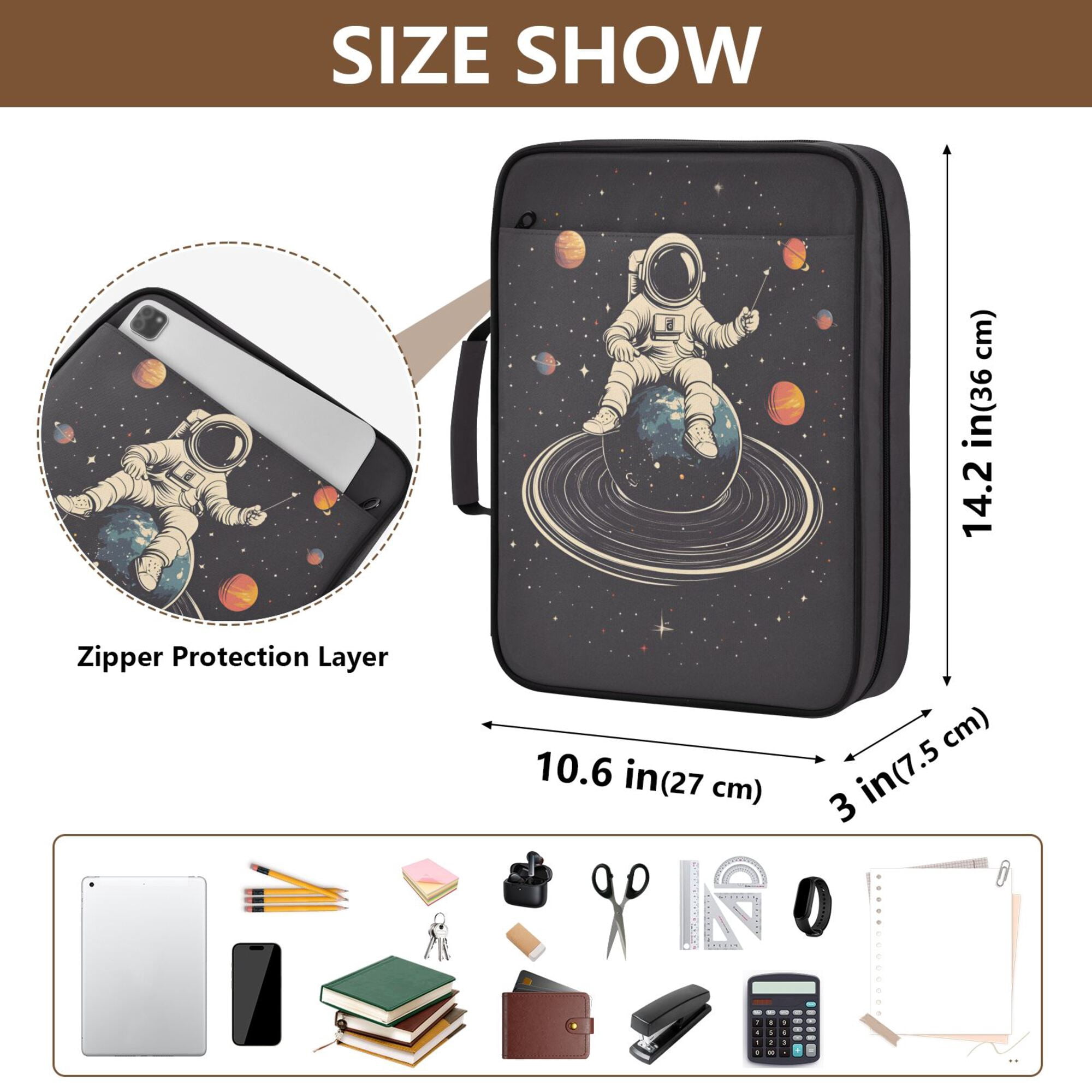 FORMRS Accordion File Folder A4 Size 7-Pocket Expanding Document Organizer Bag with 3 Ring Binder, Black Astronaut Space
