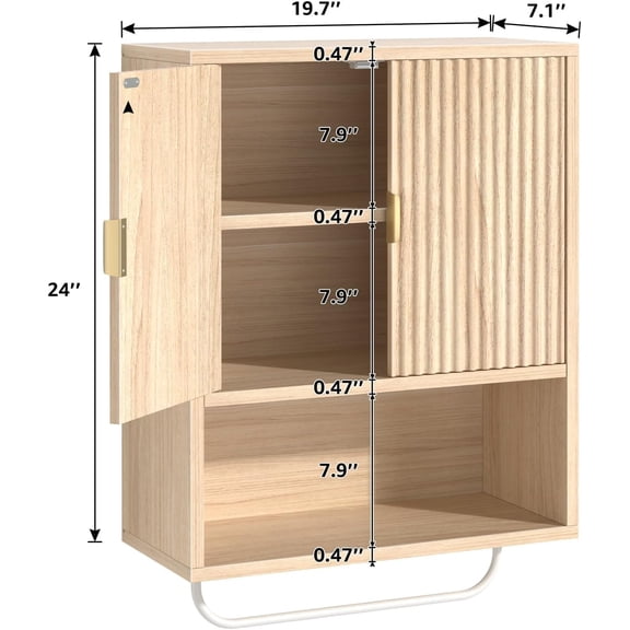 Bathroom Wall Cabinet No Mirror – Fluted Wood Medicine Cabinet with Towel Bar, Surface Mount Storage Organizer Over Toilet, Rustic Farmhouse Hanging Cupboard with Doors for Over Sink (Natural Oak)