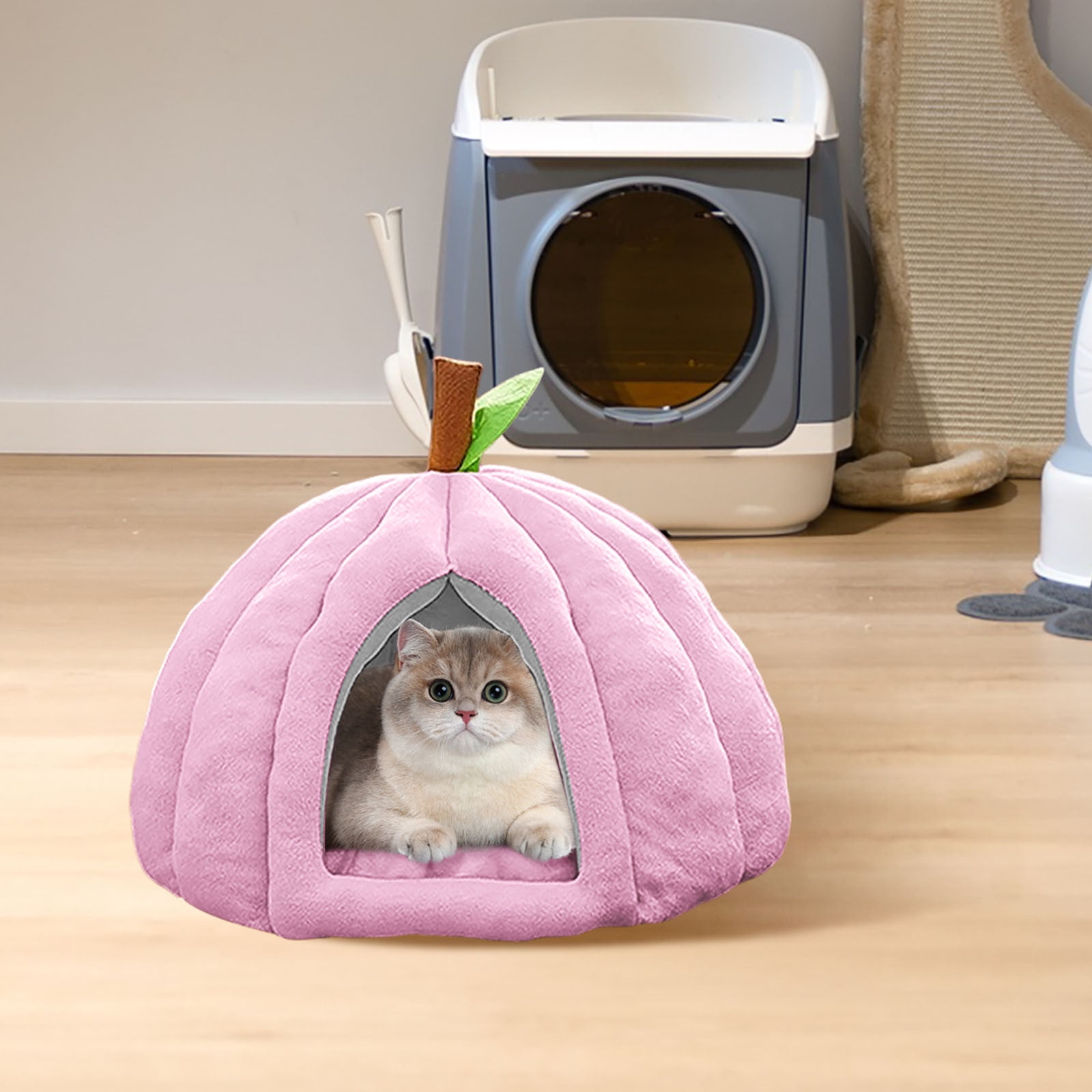 Cozy Pumpkin Cat Cave Bed with Removable Cushion - Warm Enclosed Indoor Cat House for Kittens and Small Dogs, Cute Seasonal Hideaway Sleep Tent Pet Bed