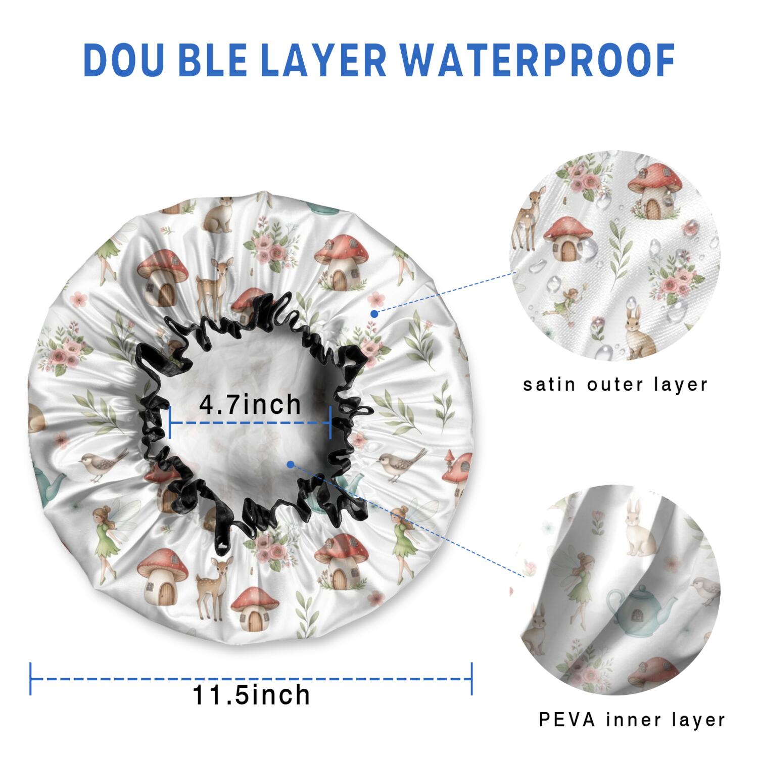 Shower Caps,White Forest Fairy Pattern Waterproof Shower Cap for Women 4 Pieces,Double Reusable Hair Cover for Shower PEVA Elastic Stretch Hem