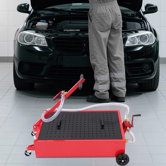 Heavy-Duty Oil Drain Pan, 20Gal Capacity with Manual Pump, 5" Rear Wheels & Brakes, for Trucks, Buses and RV Maintenance