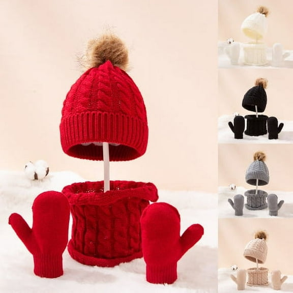 Visland 3Pcs/Set Baby Boys Girls Hat Gloves Scarf, Fashion Casual Solid Color Cute Plush Ball Elastic Soft Cozy Knitted Woolen Yarn Winter Warm Beanie Cap Full Finger Mitten Neck Gaiter for Daily Wear