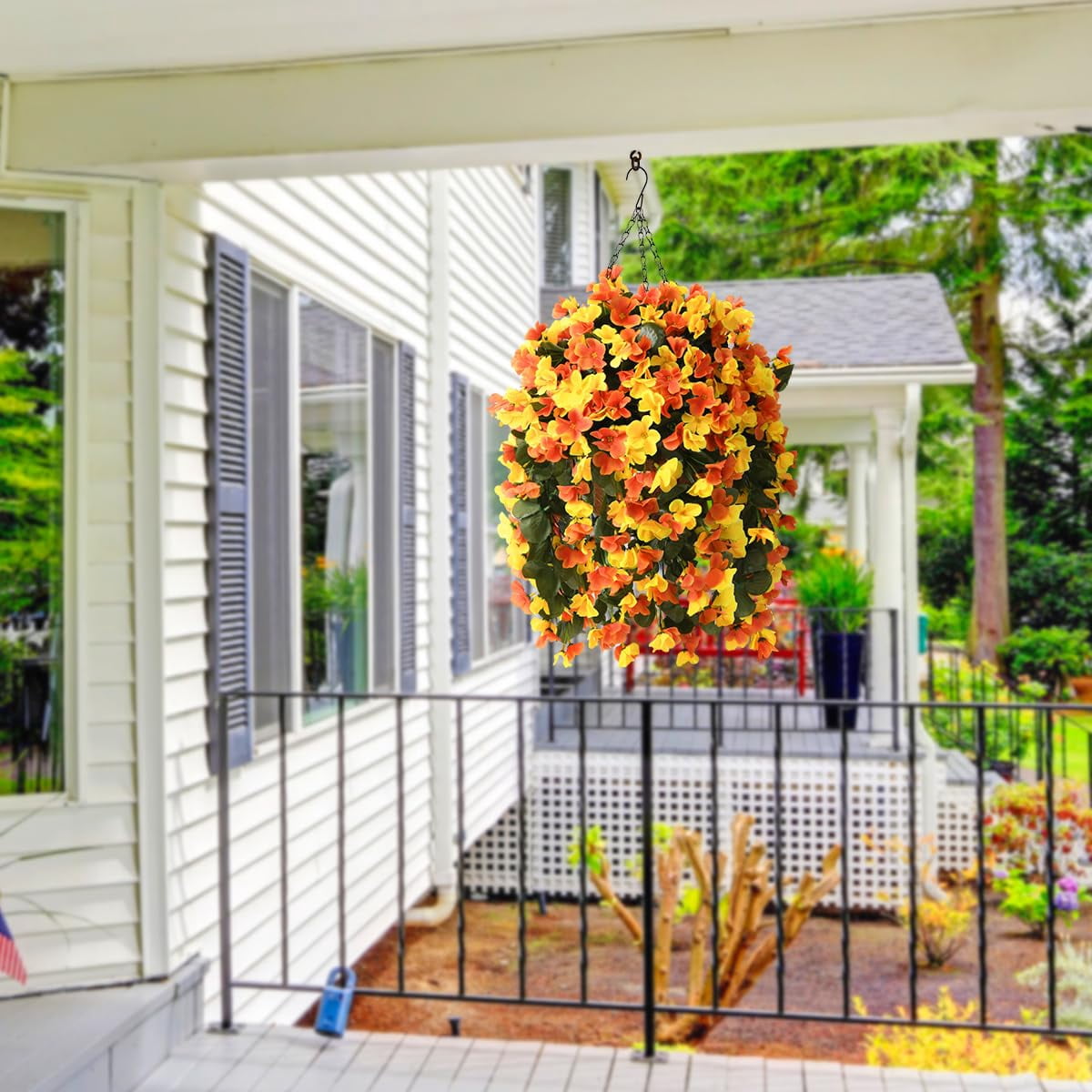 Artificial Hanging Flowers Basket for Outdoors Spring Decoration,Faux Silk Begonia in Planter UV Resistant