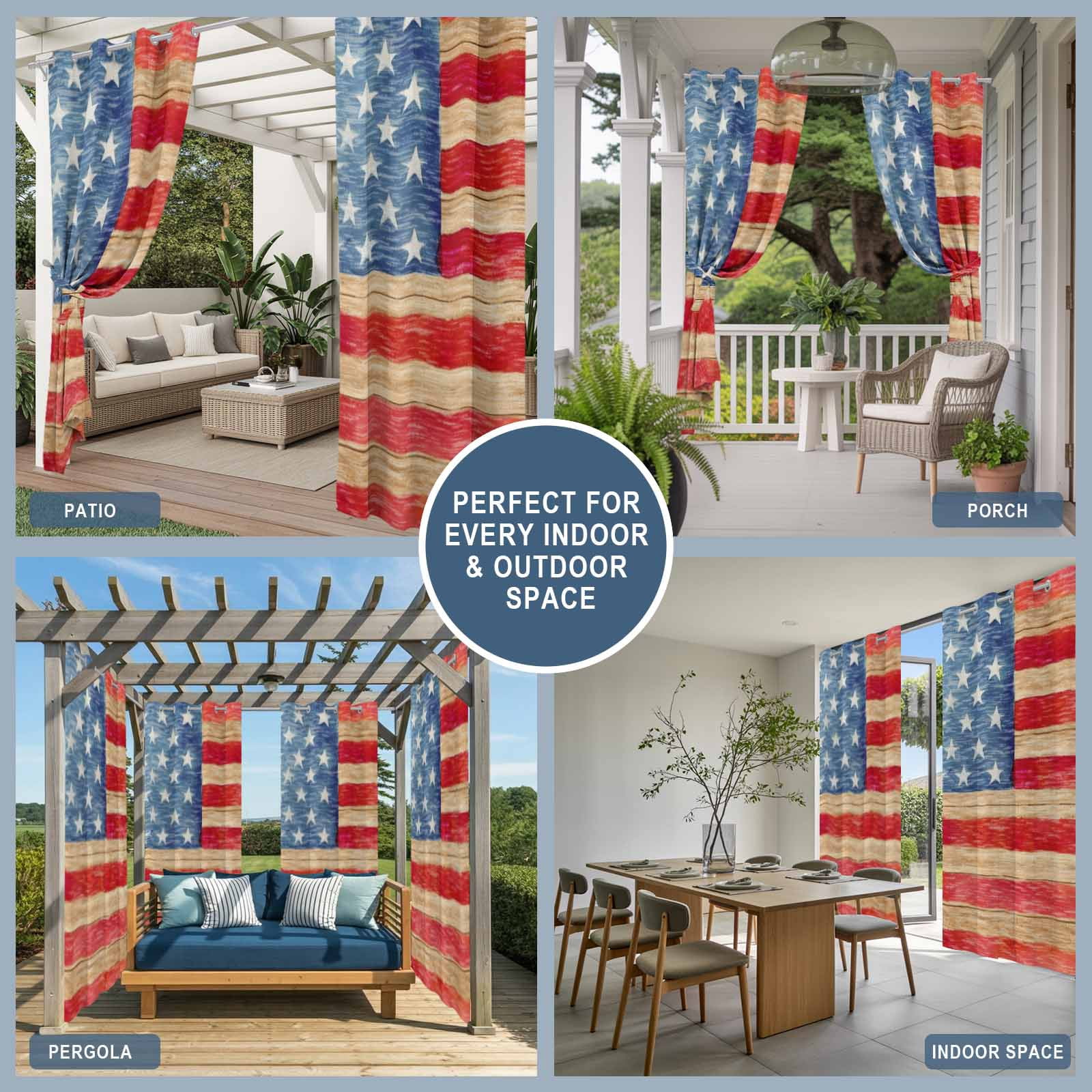 Independence Day Outdoor Curtains for Patio, Rustic Red Blue Flag Wood Stripes Sunshade Privacy Drapes Grommet Waterproof Outside Curtains for Porch/Cabana/Balcony 54"x 108", 1 Panel