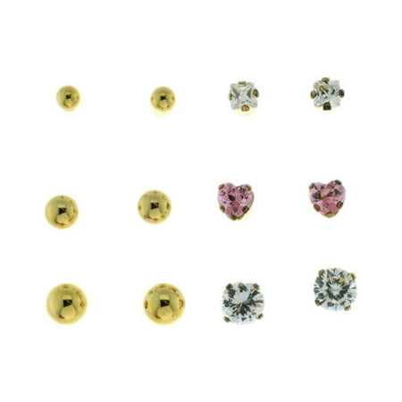 0.6 Carat TW CZ Square, 0.8 Carat TW Pink CZ Heart, and 1.6 Carat TW CZ and 3, 4, and 5mm Ball 18kt Gold Over Sterling Silver Stud Earrings Set