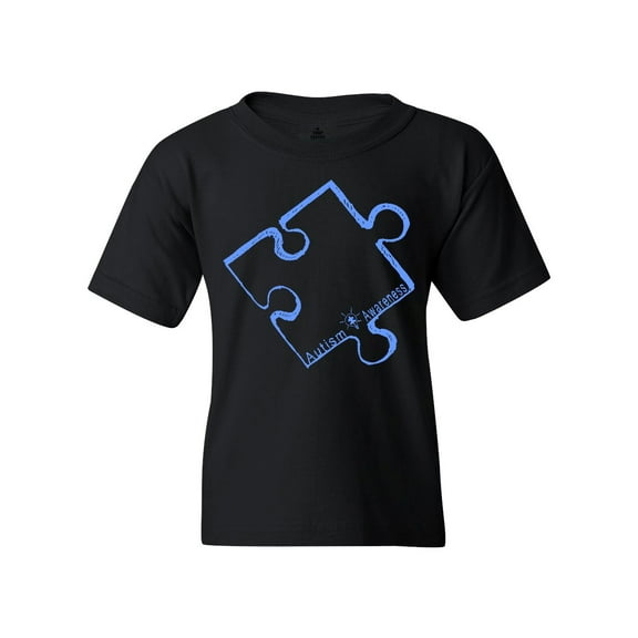 Shop4Ever Youth Blue Puzzle Piece Autism Awareness Graphic Youth T-Shirt X-Small Black