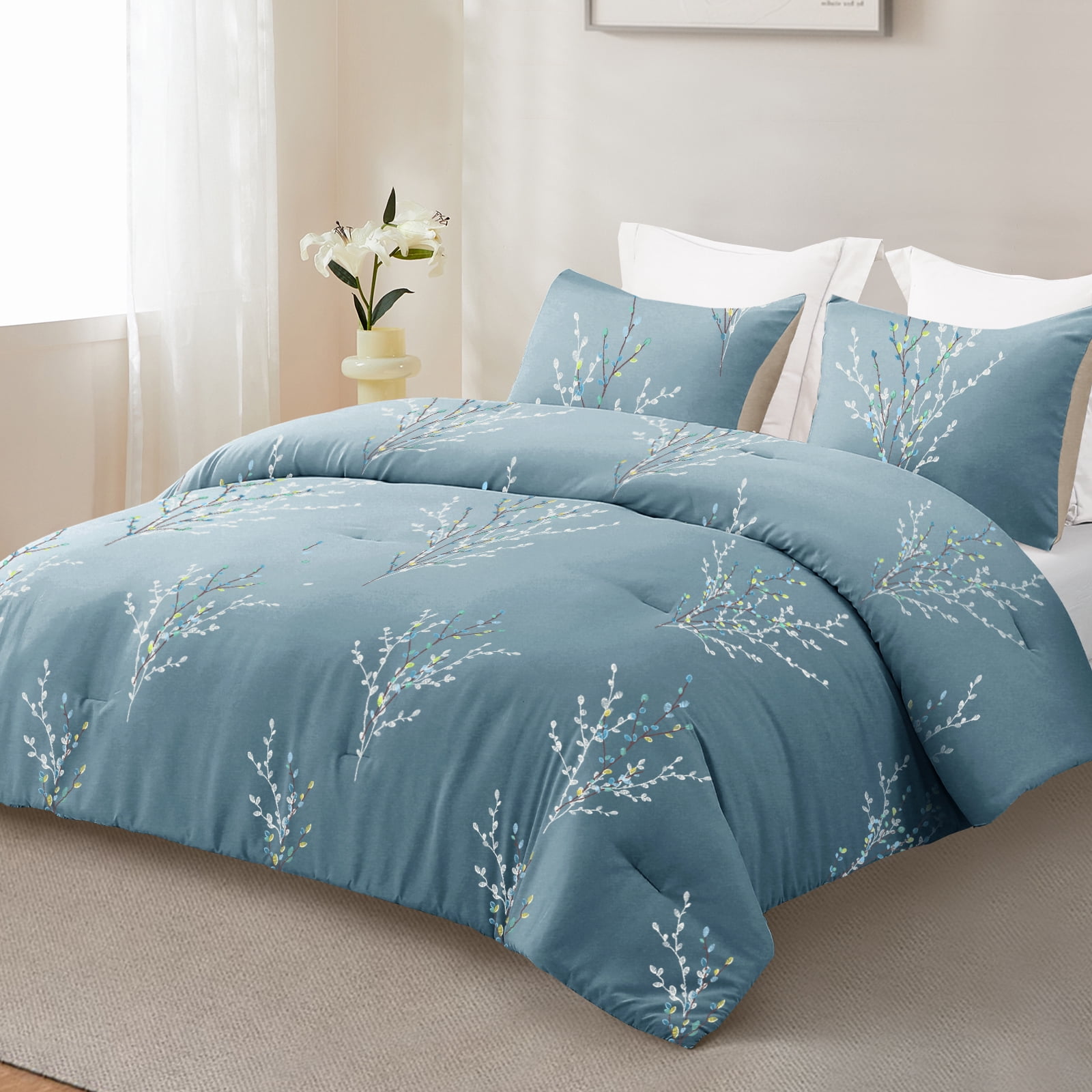 Exclusivo Mezcla 2-Piece Floral Twin Comforter Set, Microfiber Bedding Down Alternative Comforter for All Seasons with 1 Pillow Sham, Blue