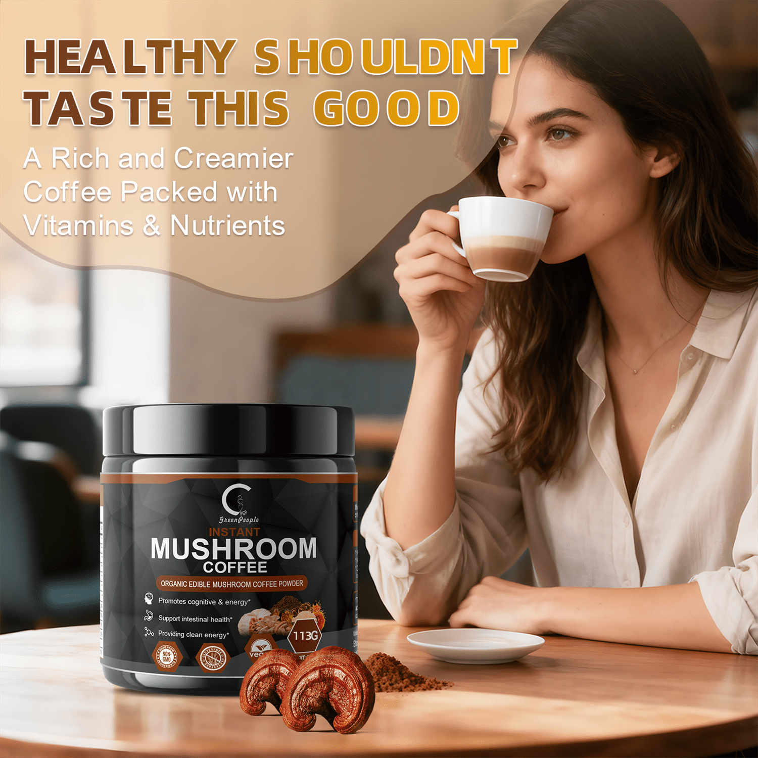 (2 PACK)GPGP Greenpeople Mushroom Coffee Powder Instant, Premium Mushroom Coffee Supplement for Energy, Focus, 8oz Total