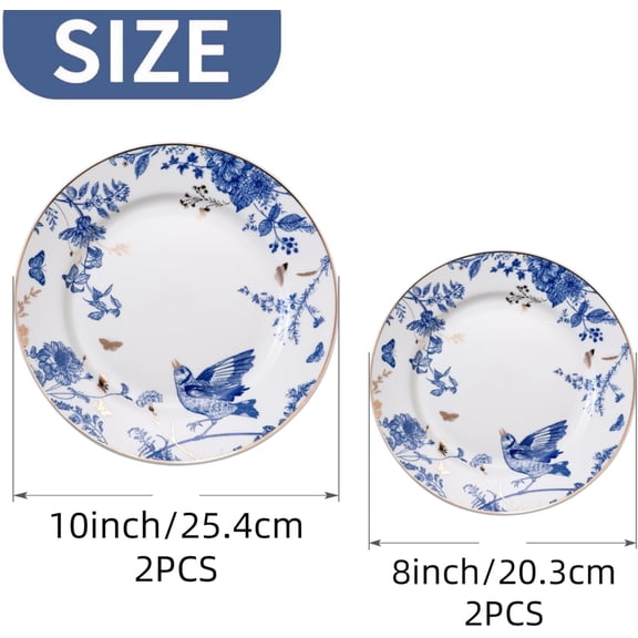 Porcelain Dinner Plates 4 Pieces - Blue and White Floral Design