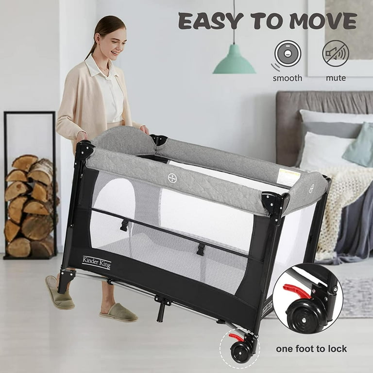 Kinder King 4 in 1 Portable Nursery Center Baby Bedside Crib w Bassinet Infant Pack n Play Toddler Large Playpen Newborn Changing Table Storage Basket Side Zipper Walmart