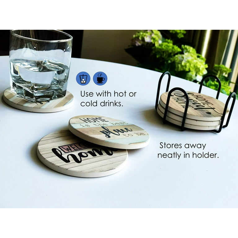 Panchh Rustic Farmhouse Stone & Cork Coasters for Drinks, Absorbent - Set of 6 Coasters with Holder - Best Housewarming Gifts for New Home Ideas - Cut