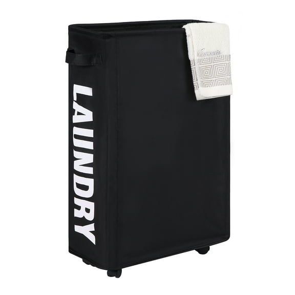 Caroeas 22" Rolling Slim Laundry Basket with Stand Foldable Waterproof Cover, Laundry Hamper on Wheels Tall Thin Dirty Cotton Corner Bin for Home
