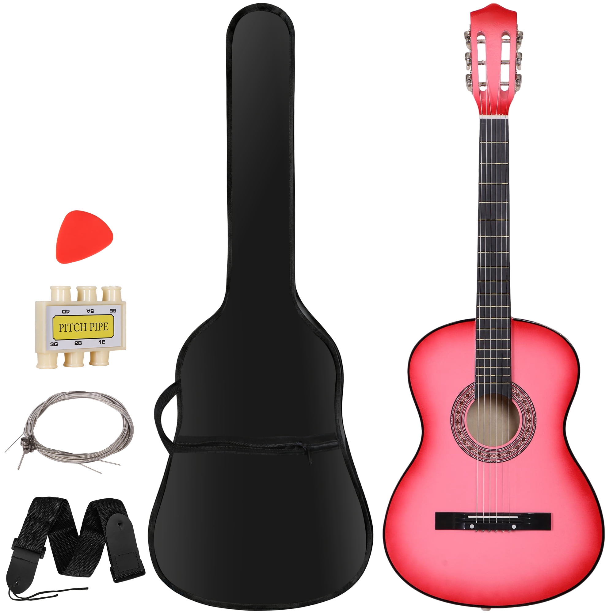 SuperDeal 38-Inch Round Shoulder Acoustic Guitar Kit 6 Strings Full Size Classic Beginners Children Adults All-Solid Wood with Carrying Case, Strap, Tuner and Pick, Pink