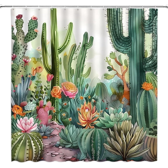 Cactus Shower Curtain Tropical Succulent Plants Green Watercolor Floral Southwest Desert Botanical Bathroom Curtain Set with Hooks-72"W x 72"L (Pack of 1)