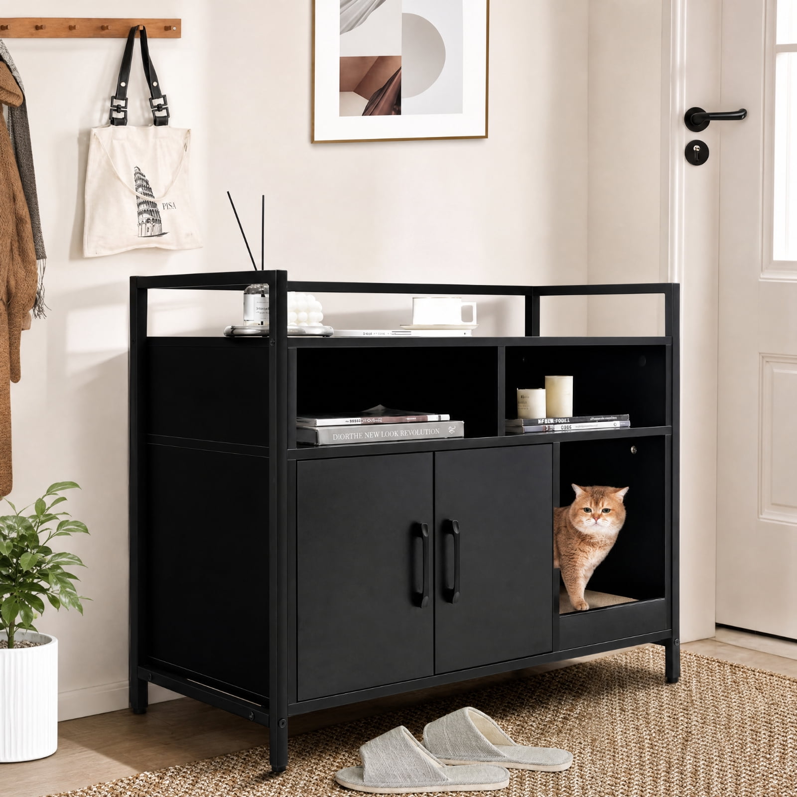 SUGIFT Hidden Cat Litter Box Furniture with Double Doors, Enclosed Cat Washroom Side Table Cabinet with Scratch Cardboard, Black