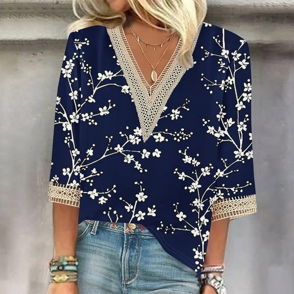 Spring Tops for Women Long Sleeve Shirts for Women Plus Size under $5 Fall Trendy Women's Summer V-Neck 3/4 Sleeve Lace Splicing Solid Casual T-shirt Blouse Top Blue 3x