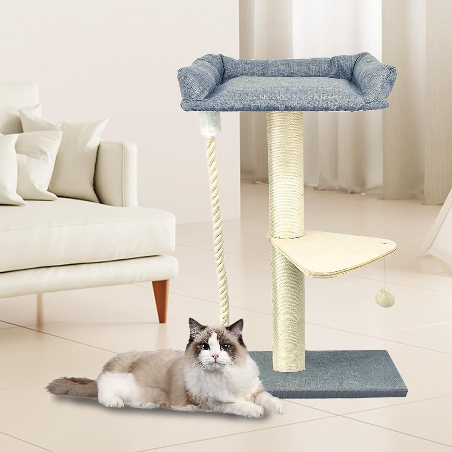 Tall Cat Tree Tower for Large Indoor Cats, 35" Sisal Scratching Post with Plush Perch, Hammock, and Spacious Bed, Stable Cat Climber in Gray