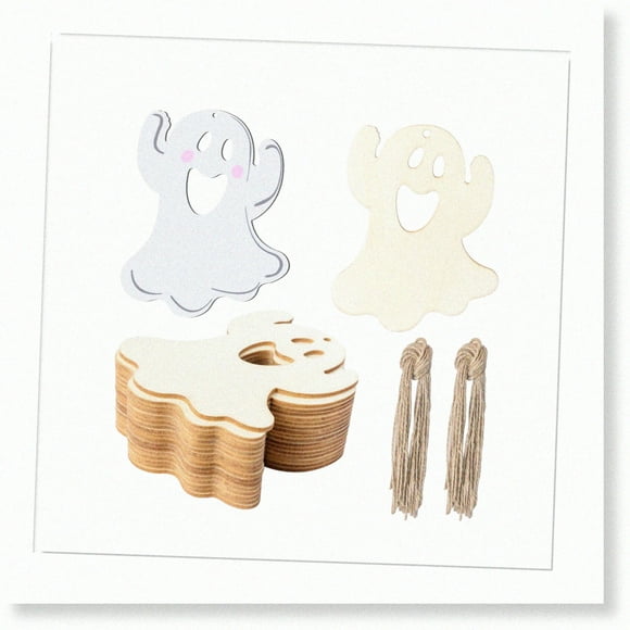Whispering Woodsy Delights - 20Pcs Unfinished Ghost Wooden Ornaments for Wedding, Birthday, Party & Thanksgiving Day Decoration with Twines