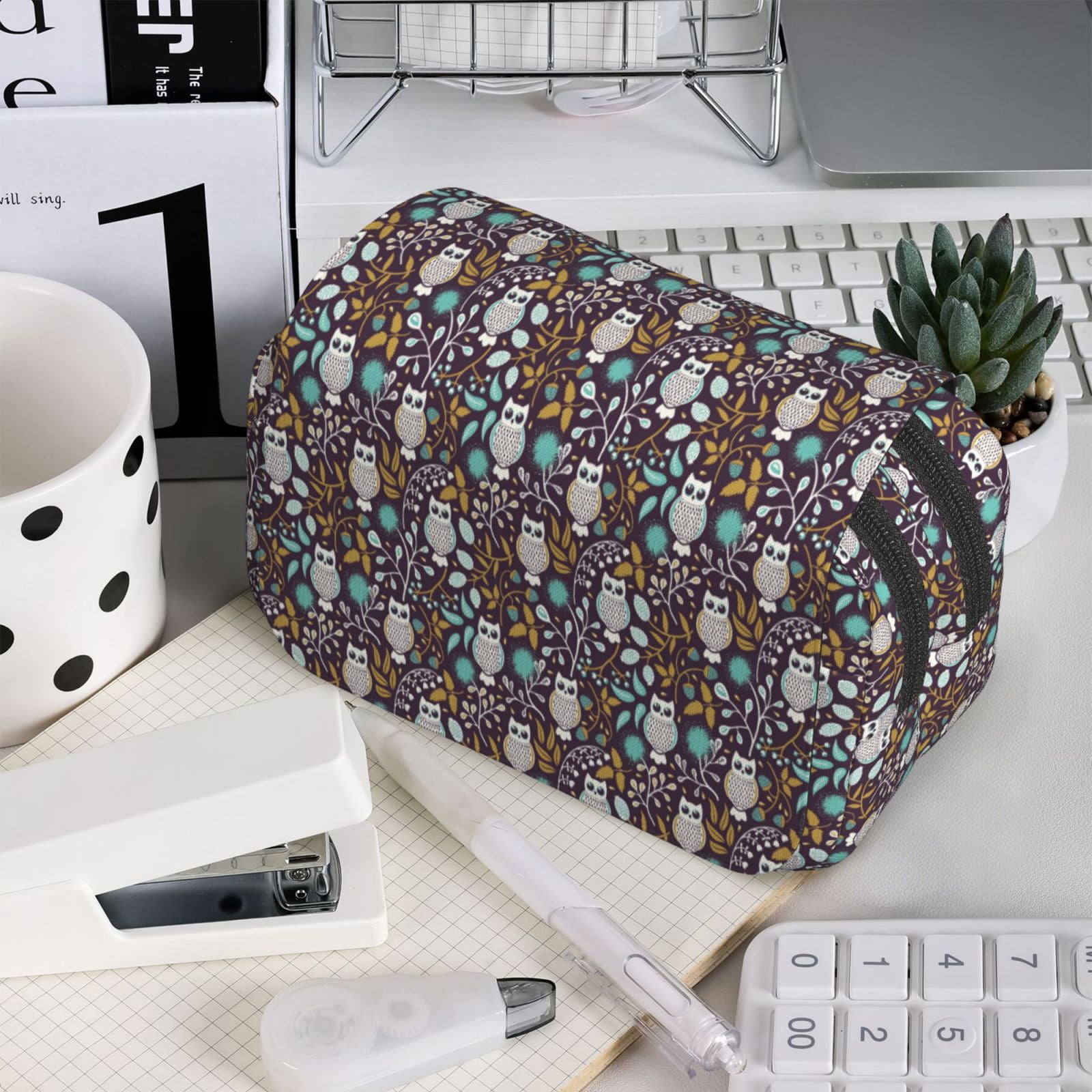 Rateoe Forest Cute Owl Pattern Double Clamshell Pen Case, Storage Organizer with Two Zipper Compartments– Holds Up to 50 Pencils & Pens