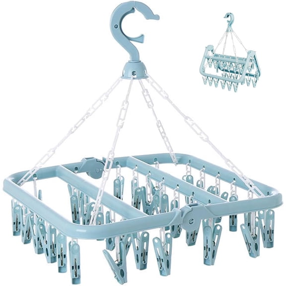 Clothes Drying Rack with 32 Clips, Foldable Hanging Rack, 360° Rotatable Hook for Drying Socks Clothes Towels Gloves(Light Blue)