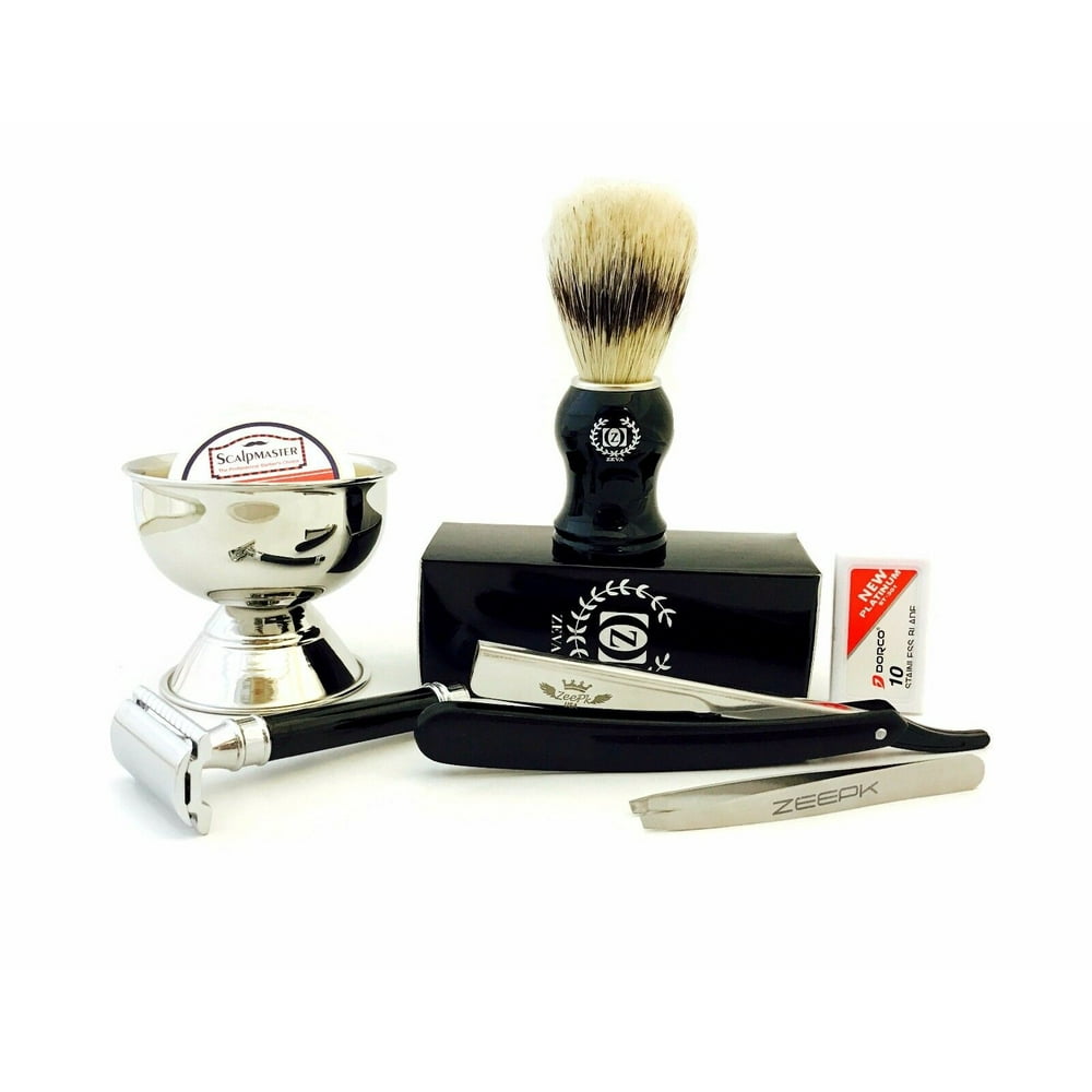 MEN'S COMPLETE GROOMING KIT DE Safety Razor, Straight Razor, Brush
