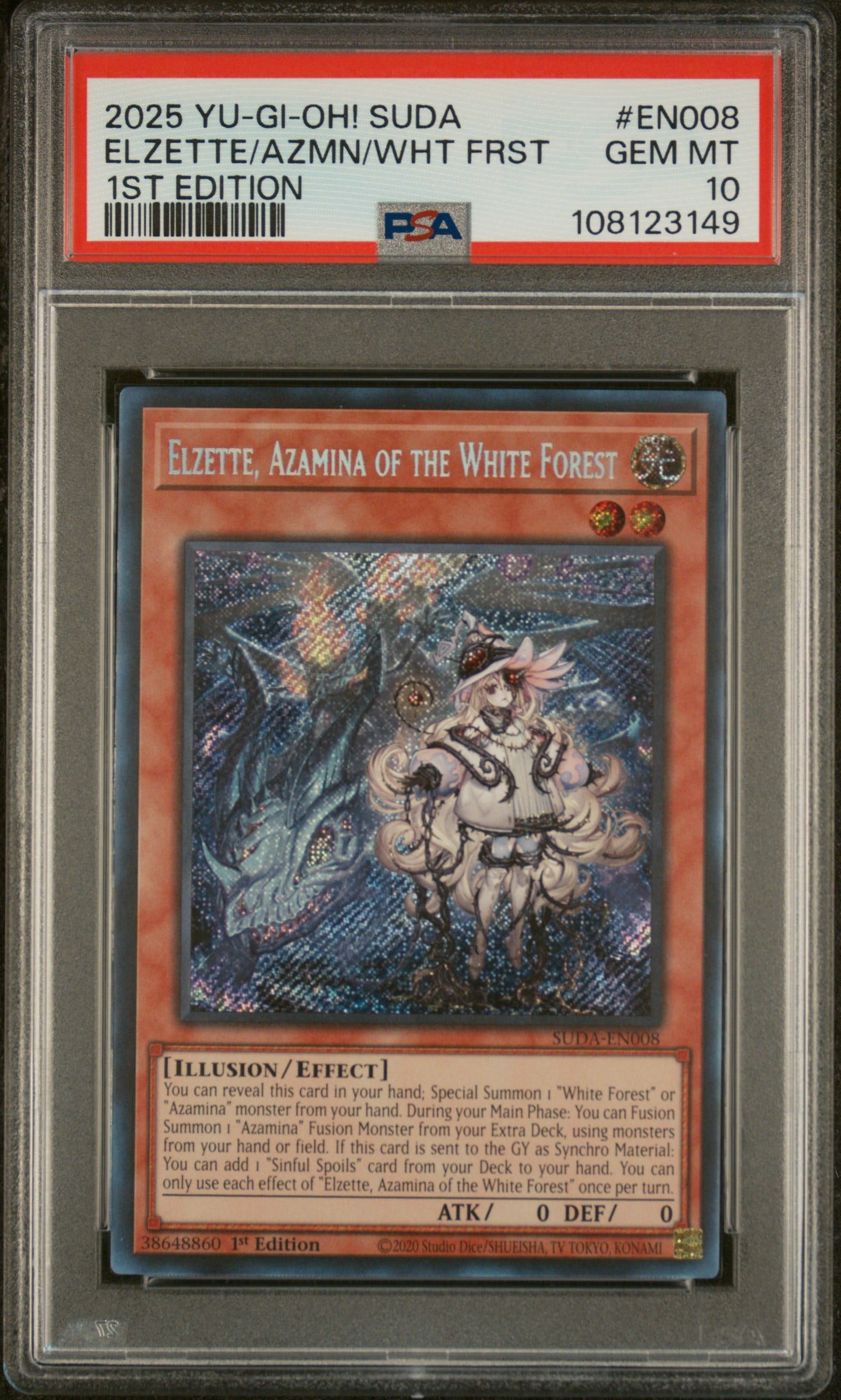Yu Gi Oh! TCG, PSA Graded 10 GEM MINT, Elzette/Azmn/Wht Frst Elzette/Azmn/Wht Frst #EN008, Suda Supreme Darkness, Fully Encapsulated Bundle with Compatible Yu Gi Oh! Hard Sealed Case