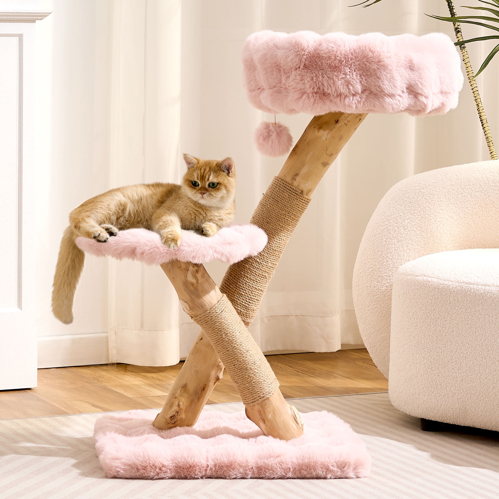 HITTITE Natural Solid Wood Cat Tree Tower with Scratching Post, 32 Inches Tall Modern Cat Tower with Cozy Bed and Platforms, Luxury Real Branch Cat Tree for Indoor Cats Large Adult, Pink.