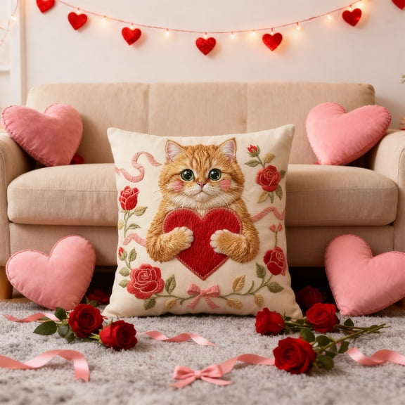 romoty Valentine's Day Cat and Heart Pillowcase 17.71" x 17.71" Decorative Cushion Cover Linen Look Throw Pillow Shell Festive Decoration for Sofa Bed and Anniversary Gift Single Piece