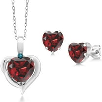 Gem Stone King 925 Sterling Silver Red Garnet and Blue Diamond Pendant Necklace Earrings Set for Women (4.02 Cttw, Heart Shape 8MM and 6MM, with 18 inch Chain)
