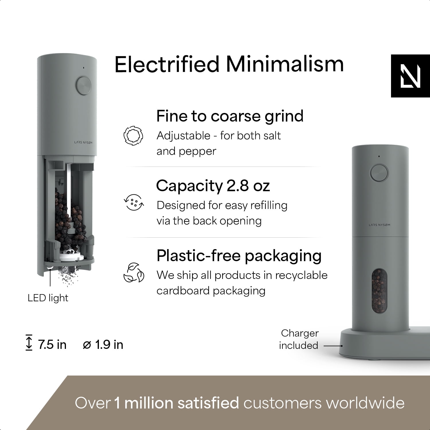 LARS NYSØM Electric Salt and Pepper Grinder Set I Automatic Salt and Pepper Mills with Adjustable Ceramic Grinder I Usb Rechargeable Electric Spice Mill Set (Ash Gray)