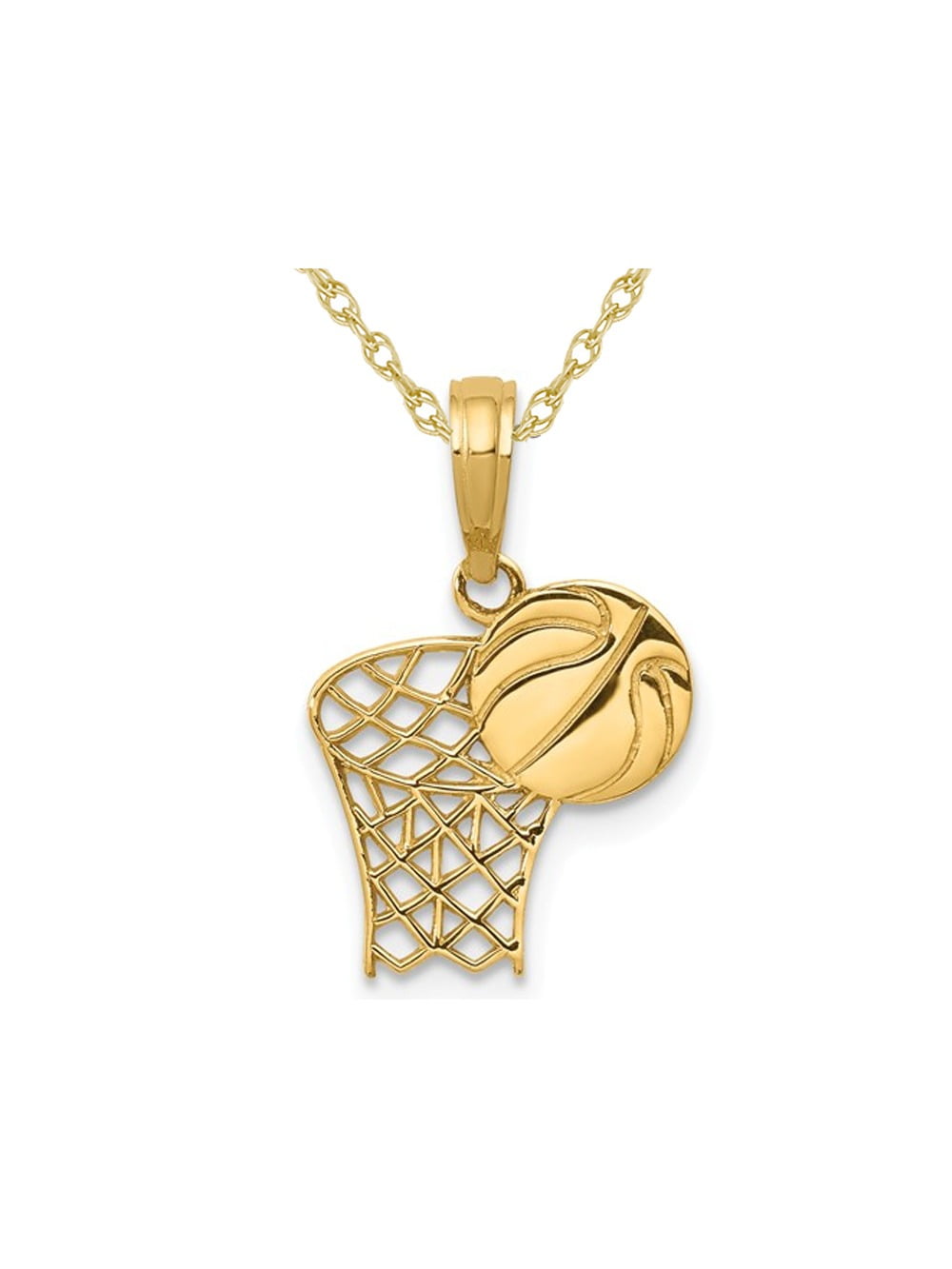 Gem And Harmony 14K Yellow Gold Basketball and Hoop Pendant Necklace with Chain