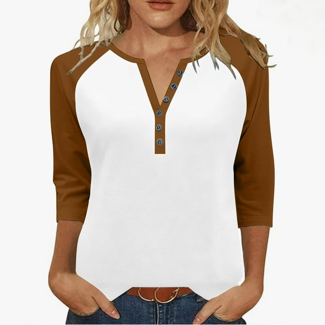 Plebaso Womens Tops 3/4 Length Sleeve Button Tee Color Block Tshirts Casual Lightweight Tunic Blouses