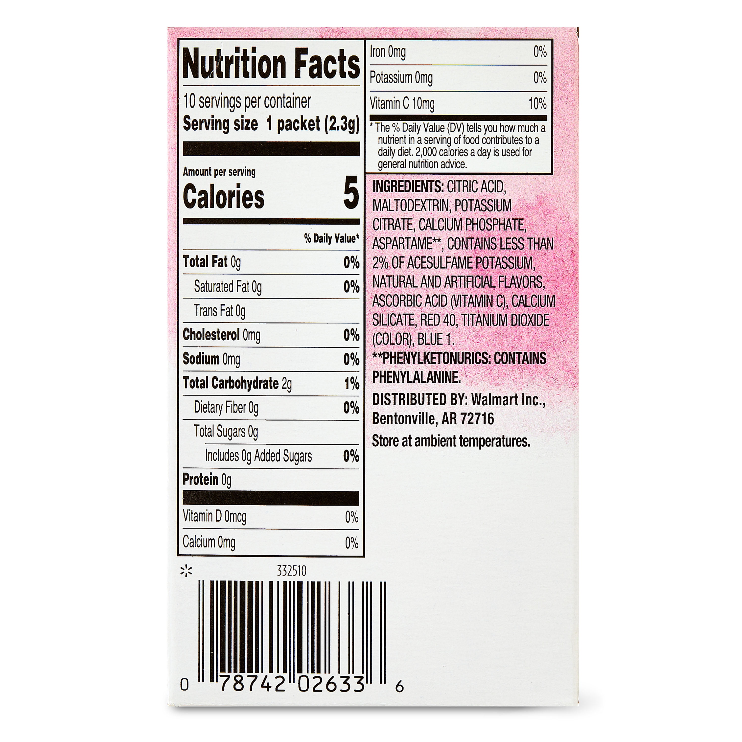 (12 pack) Great Value Sugar-Free Raspberry Lemonade Powdered Drink Mix, 0.07 oz, 10 Count