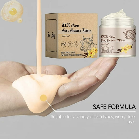 Cremas y humectantes Aroma a vainilla Crema de sebo de res alimentada con pasto para el cuidado - Rostro + Cuerpo - Humectante batido - Loción natural Crema humectante de 59 g