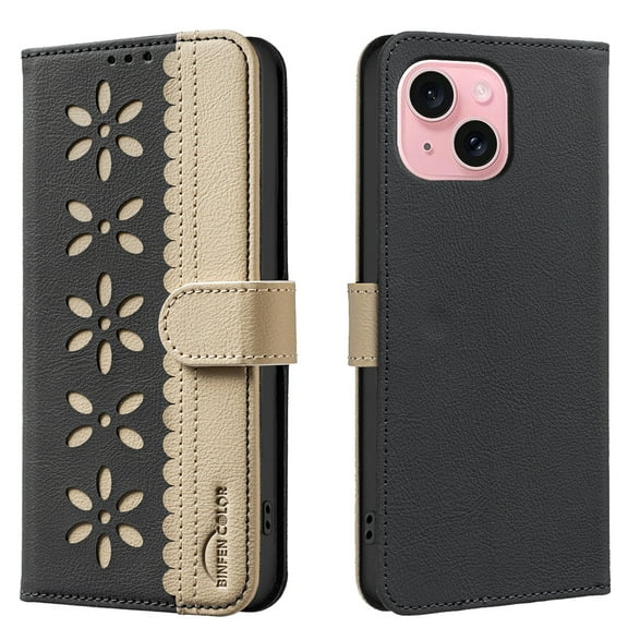 Compatible with iPhone 14 Wallet Case with Card Holder, Premium PU Leather Floral Design Flip Cover with Kickstand Magnetic Closure, RFID Blocking Phone Case for iPhone 14, Black