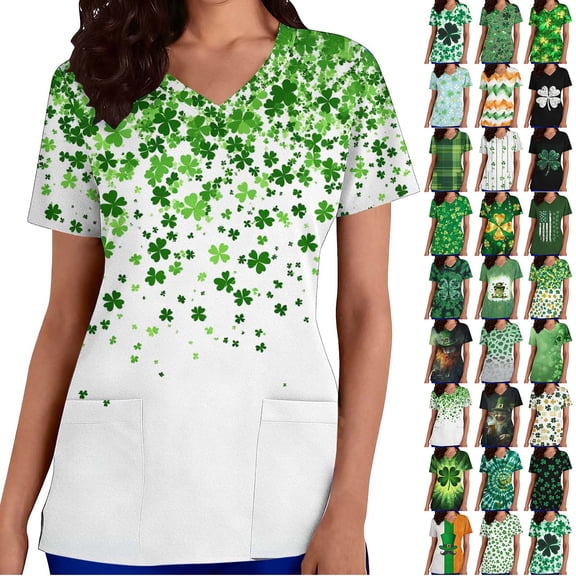 purcolt Women's St. Patrick's Scrub Tops Casual V Neck Short Sleeve Medical Uniform Soft Stretch Scrub Shirts with Pockets
