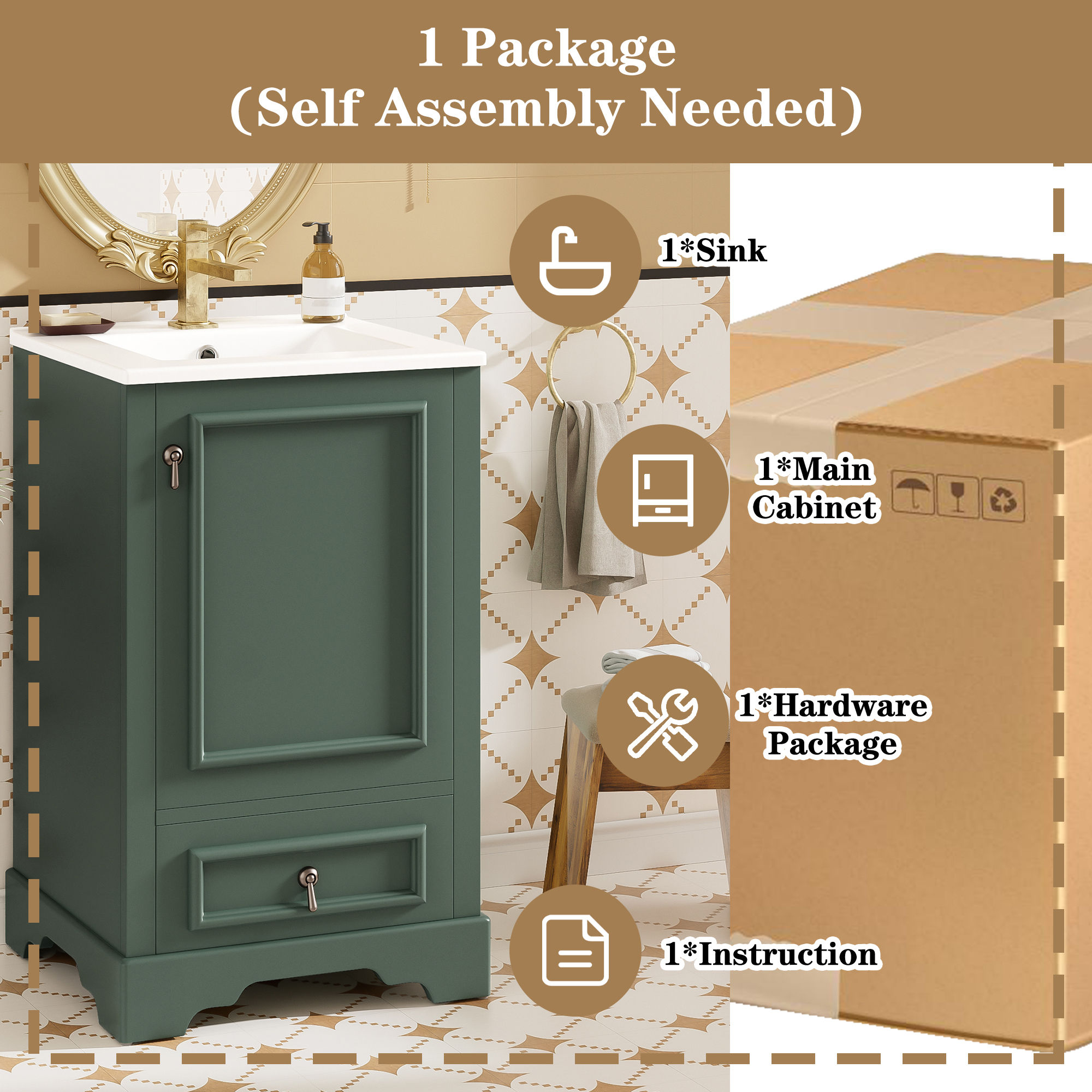 MODERNLUXE 20" Bathroom Vanity with Ceramic Sink Combo,Solid Wood Bathroom Storage Cabinet with Compartment Drawer and Adjustable U-Shaped Shelf, Soft-Close Door with Organizer for Small Space,Green
