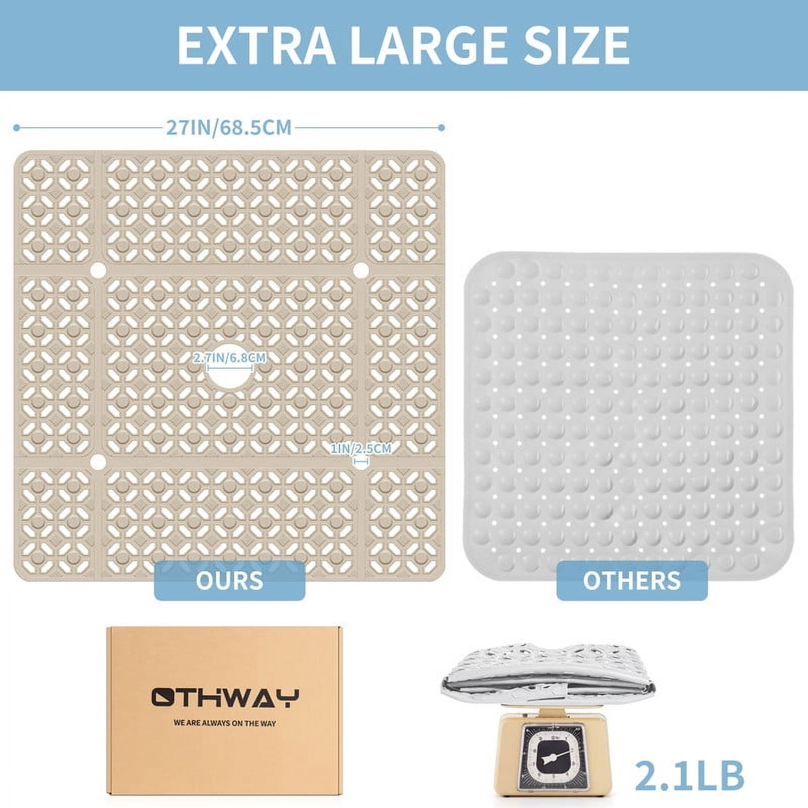 OTHWAY Square Shower Mat,27"x27" Extra Large Bath Mat,TPE Non-Slip Shower Floor Mat with Suction Cups & Drain Holes,Quick-Drying Shower Mat for Bathroom Decor (Brown)