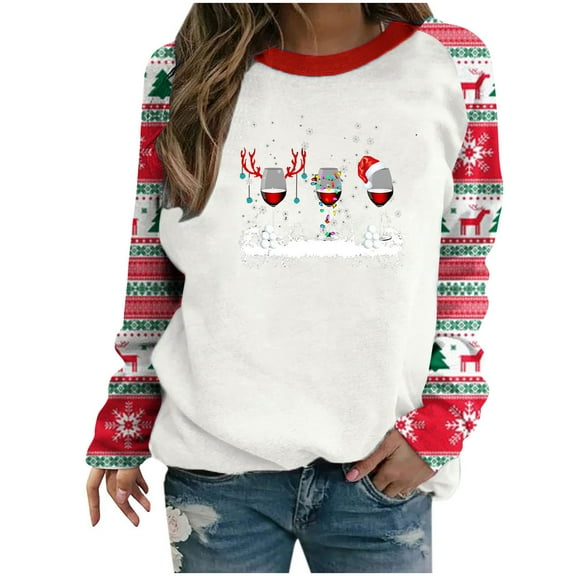 Womens Crewneck Printed Pullover Long Sleeve Plaid Patchwork Tops Wintwer Loose Casual Sweatshirt