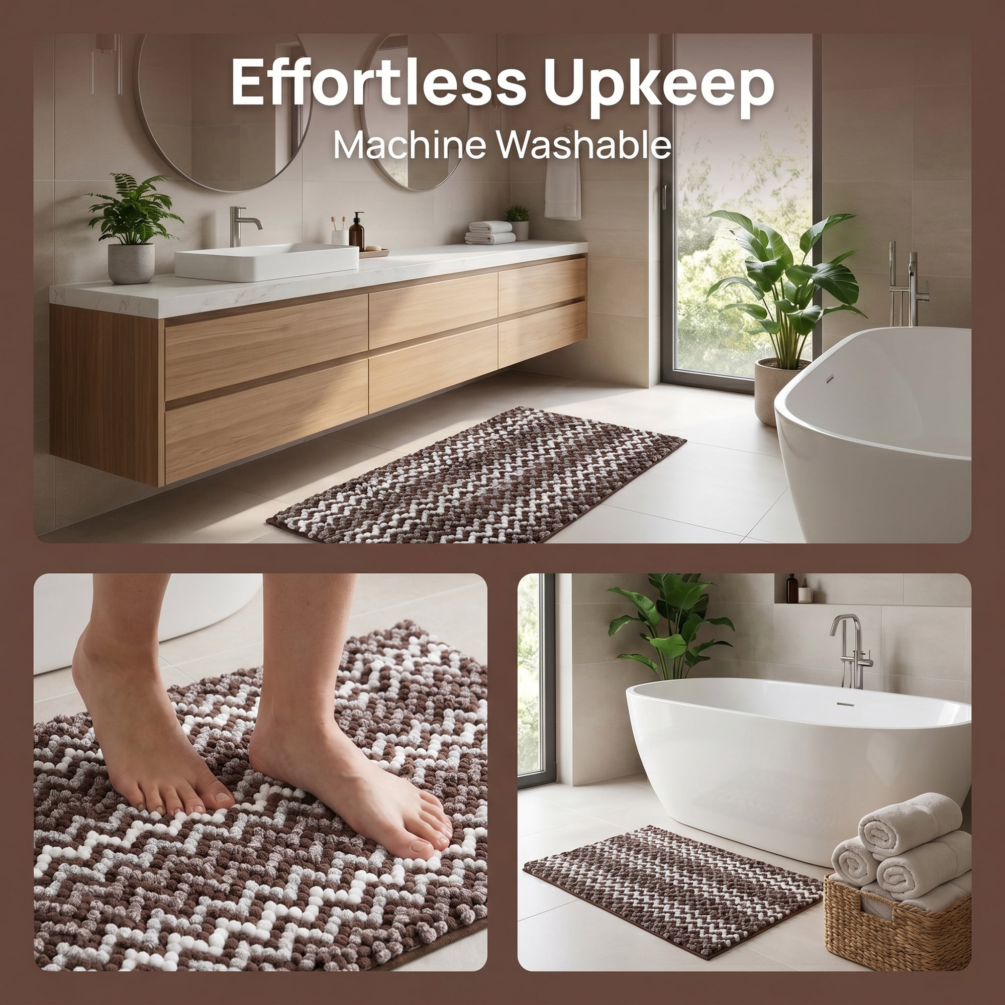 Unique Bargains Ultra Soft Non Slip Machine Washable Chenille Bath Mat Brown 24" x 16"