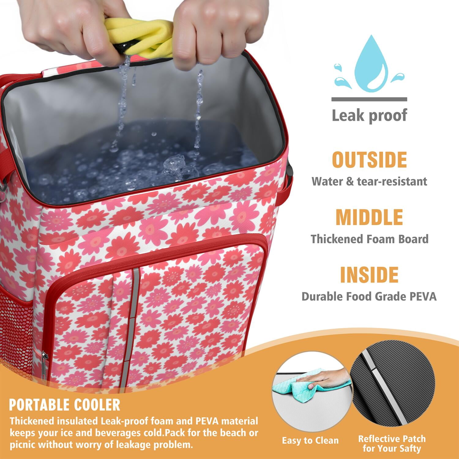Travel Cooler Bag - Pioneer Flower Floral Print Pattern Camping Beer Cooler Backpack with Bottle Opener- Waterproof Insulated Picnic Backpacks - Cooler Bag for Beach