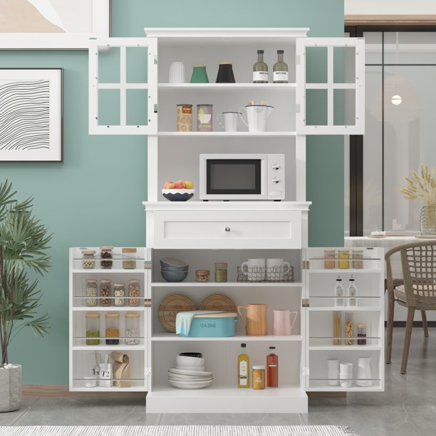 DiDuGo Kitchen Pantry with Hutch and Glass Door Storage