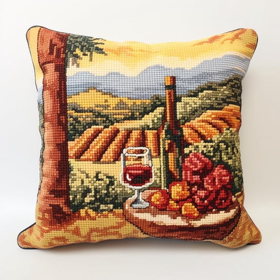 Wine and Natural Scenery Latch Hook Kits Pillow Crochet Yarn Rug Pre-Printed Cushion Needlework Pillowcase DIY Hook and Latch Kit Christmas Home Sofa Decoration 43x43cm