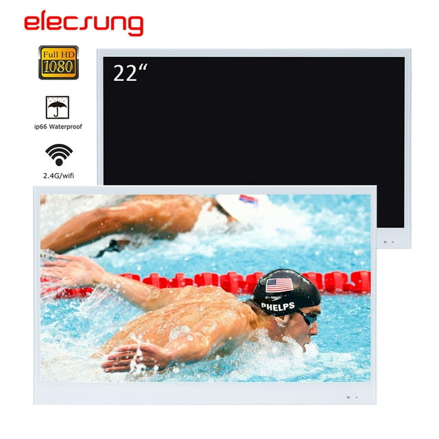 Elecsung 22" Smart White Waterproof Bathroom TV with WiFi & ATSC Tuner, IP66 LED Shower Television, Wall Mount Smart TV