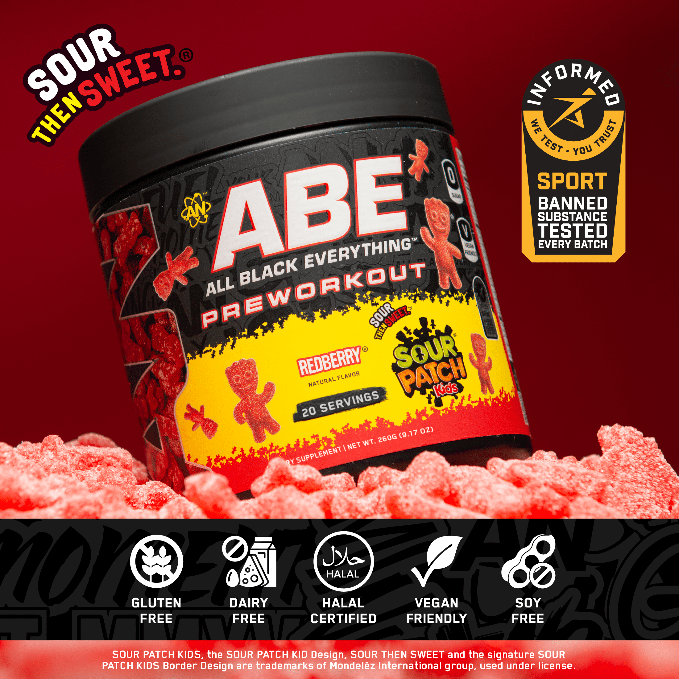 ABE Caffeine Pre Workout Powder, Sour Patch Kids Redberry Flavor, 20 Servings
