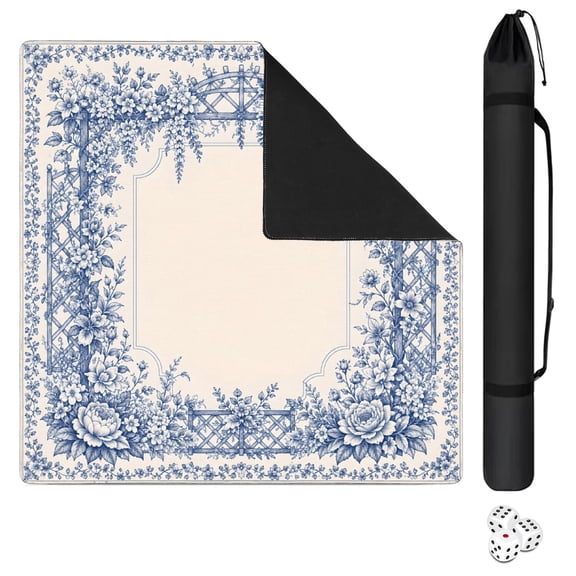Mahjong Mat with Carrying Bag 31.5" x 31.5" Non-Slip Noise Reduction Blue Chinoiserie Floral Trellis Frame (2) Table Mat for Mahjong Poker Dominoes Card Board Tile Games