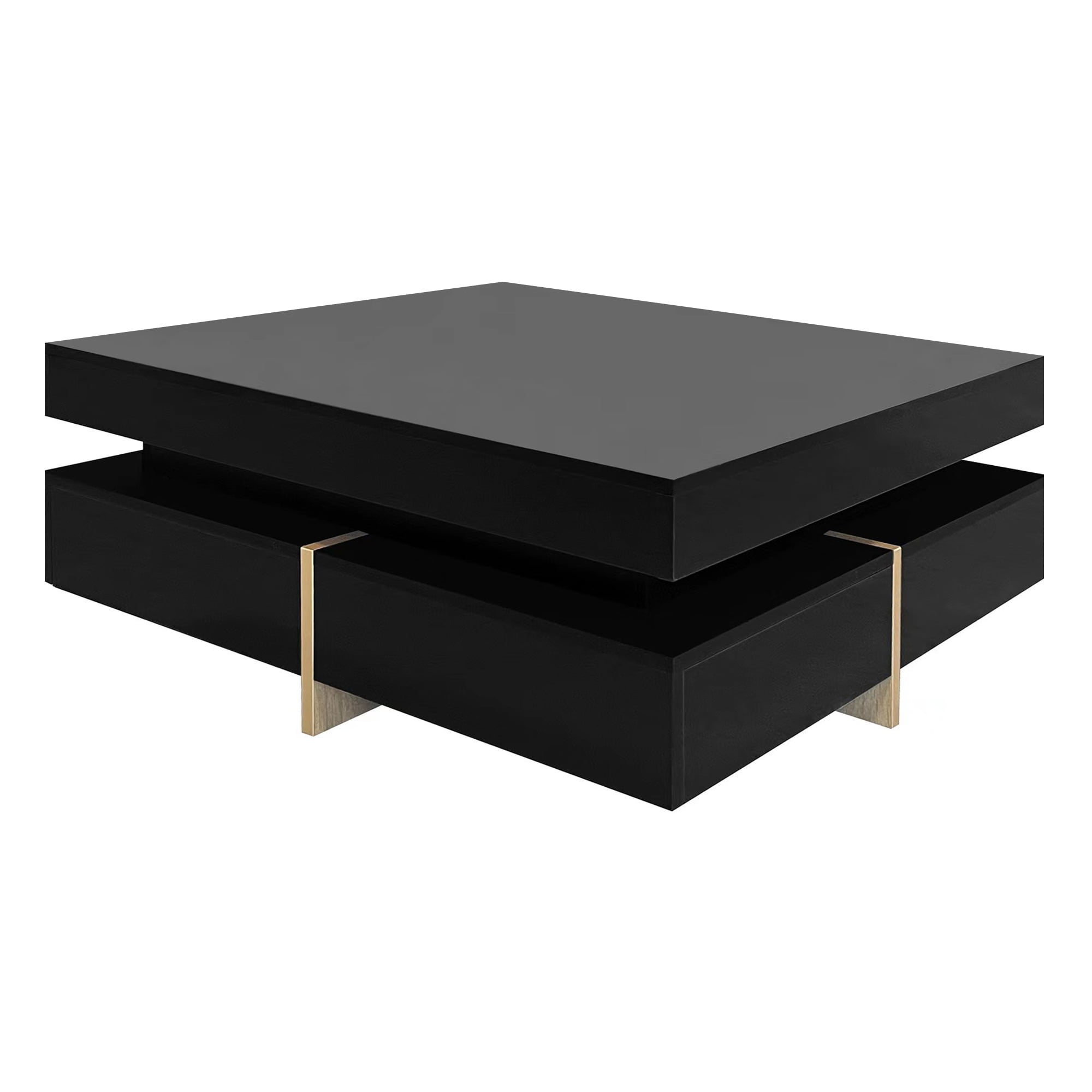PORKISS Square Coffee Table, Modern High Gloss Coffee Table with Storage, Wood Cocktail Table with 4 Drawers and Grain Legs, 2-Tier Coffee Table for Living Room, Black